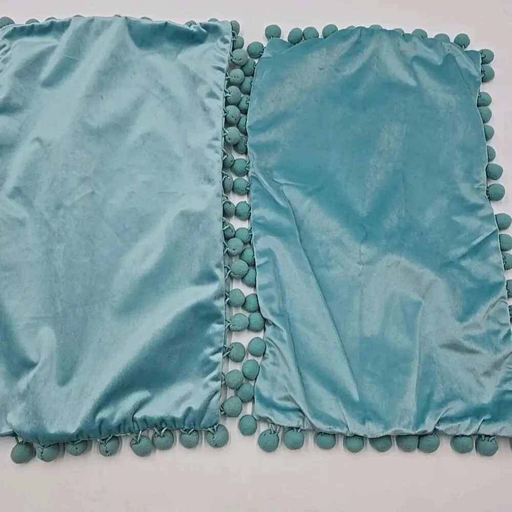 2 Velvet Throw Pillow Covers Mint Green‎ Pompom 70's Pillowcases 12x20